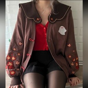 NWT Genshin Impact Hu Tao Dark Brown Embroidered Button Up Cardigan